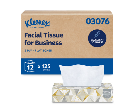 Kleenex® Professional Facial Tissue, Bulk (03076), 2-Ply, White, Flat Boxes Designed for Business, Convenience Case (12 Boxes, 125 Tissues Each)