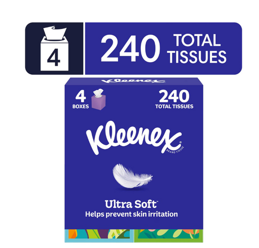 Kleenex Ultra Soft Facial Tissues, 4 Cube Boxes, 60 Tissues per Box, 3-Ply