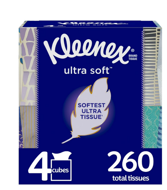 Kleenex Ultra Soft Facial Tissues, 4 Cube Boxes, 65 Tissues per Box (260 Tissues