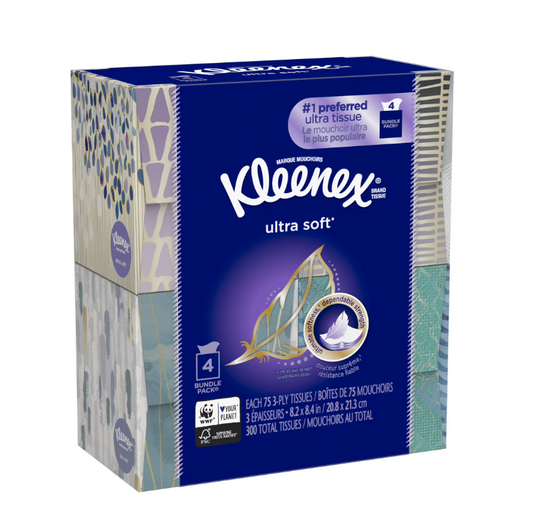 Kleenex Ultra Soft Facial Tissues, 4 Cube Boxes, 75 White Tissues per Box, 3-Ply (300 Total)