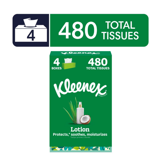 Kleenex Lotion Facial Tissues with Coconut Oil, 4 Flat Boxes, 120 Tissues Per Box, 3-Ply