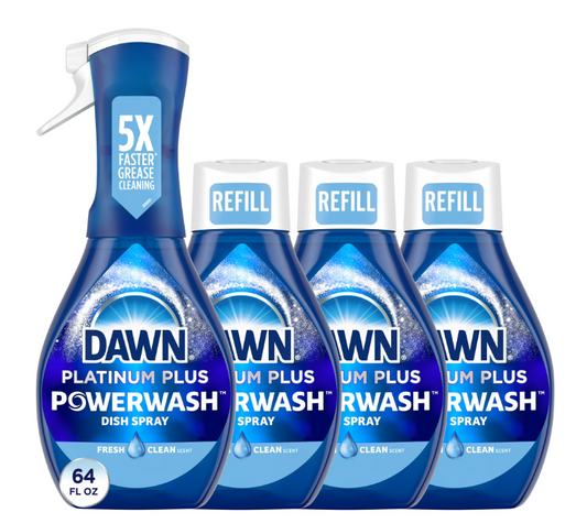 Dawn Powerwash Spray, Dish Soap, Dishwashing Liquid, Fresh, 1 Starter Kit + 3 Refills, 64 Fl Oz