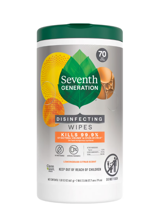 Seventh Generation Disinfecting Wipes, Lemongrass Citrus, 70 Wipes