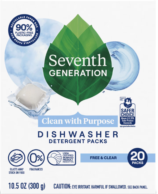 Seventh Generation Dishwasher Detergent Packs for sparkling dishes Free & Clear Dishwasher tabs 20 count
