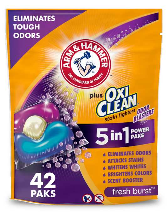 ARM & HAMMER Plus OxiClean Odor Blasters 5-in-1 Laundry Detergent Power Paks, Fresh Burst, 42 Ct