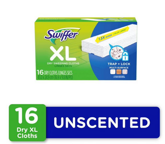Swiffer Sweeper X-Large Dry Sweeping Cloths Refills, Unscented 16 ea (Pack of 2).