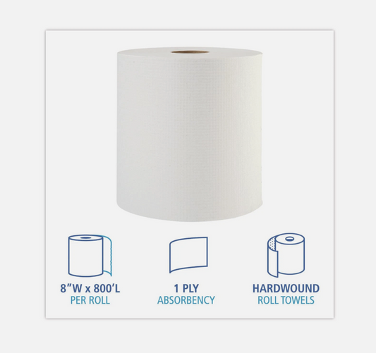 Hardwound Paper Towel Rolls, 8" X 800Ft Rolls, 6 Rolls per Carton, White Commerc