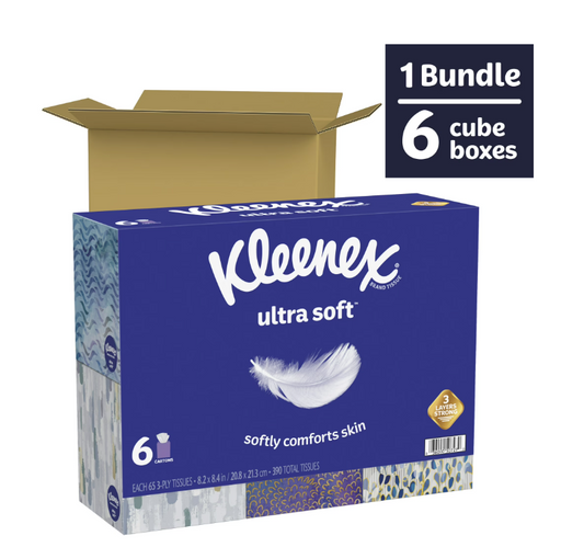 Kleenex Ultra Soft Facial Tissues, 6 Cube Boxes (390 Total Tissues)