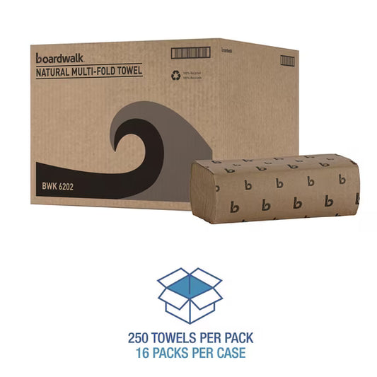 Boardwalk Multifold Commercial Paper Towels, Natural, 250 Towels/Pack, 16 Packs/Carton, 9 x 9.45 inches
