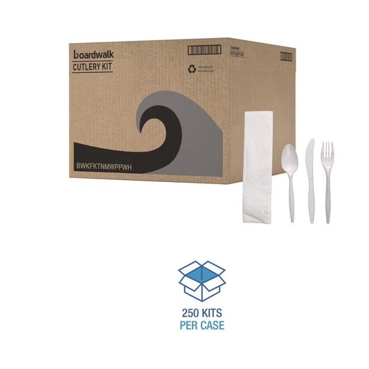 Boardwalk Four-Piece Cutlery Kit Fork/Knife/Napkin/Teaspoon White Polypropylene 250/CT FKTNMWPPWH